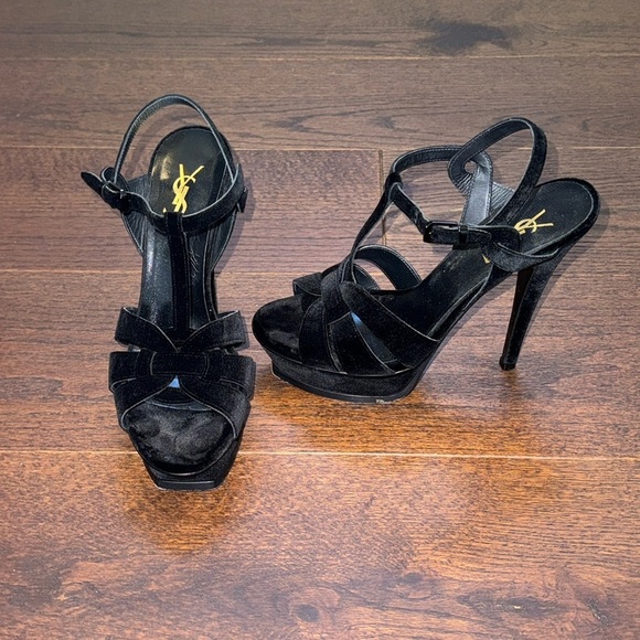 YSL Saint Laurent Black Velluto Master Velvet Tribute Platform Sandals Size 39/9 - Picture 1 of 7